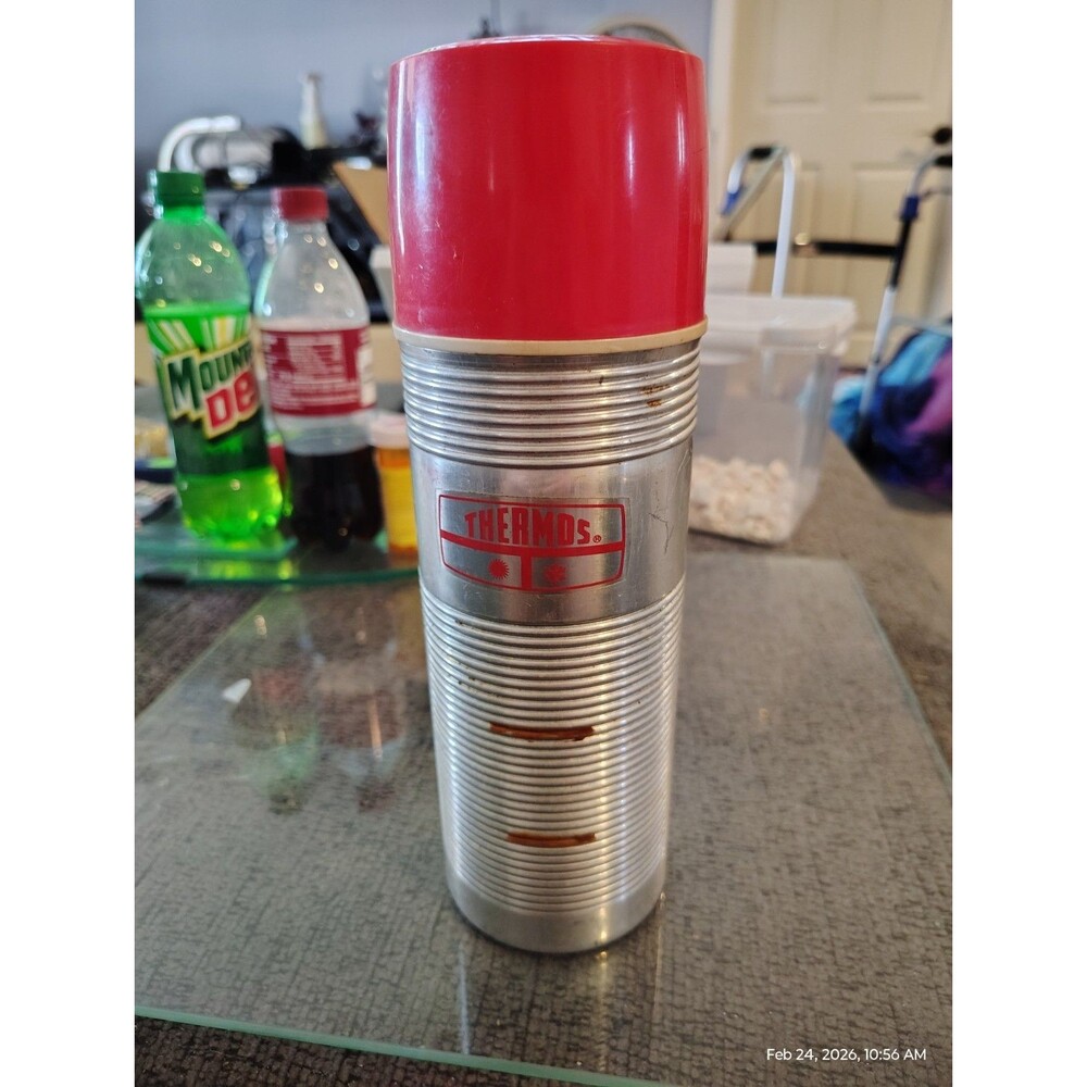Vintage Thermos Aluminum Vacuum Bottle Red Cup Lid – Damage Noted